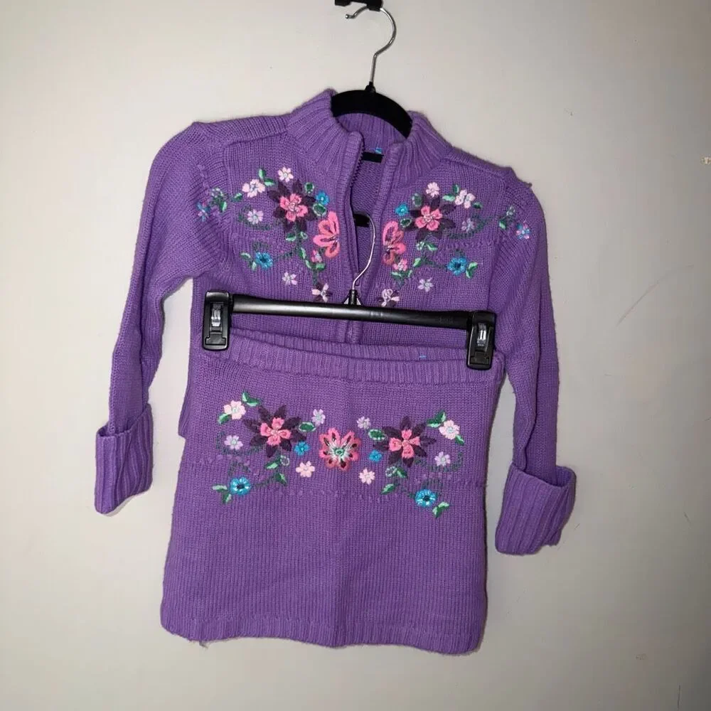 purple floral embroidered mini skirt zip up jacket set vintage girls 6T 7T